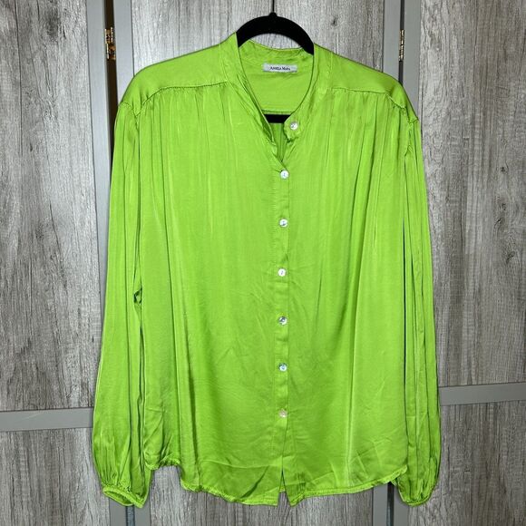 Angela Mara Satin Shirt Womens Large Button Down Long Balloon Sleeve Green Color - Picture 1 of 7